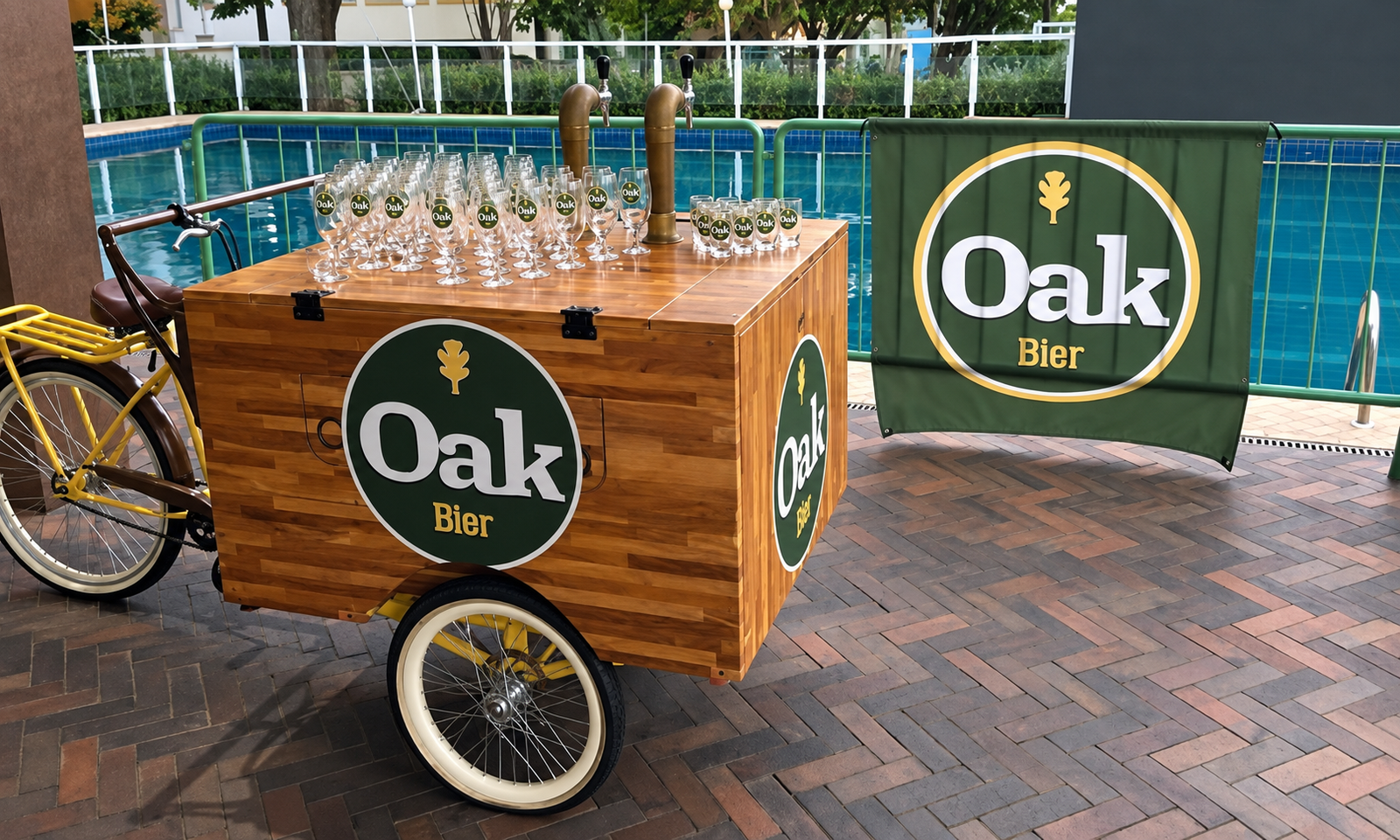 Carrinho Oak Bier em evento, imagem aprimorada com IA a partir da foto original