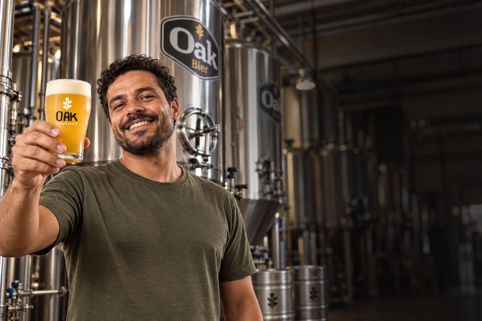 Cena publicitária criada com IA: homem adulto brindando com copo Oak diante de tanques de cervejaria